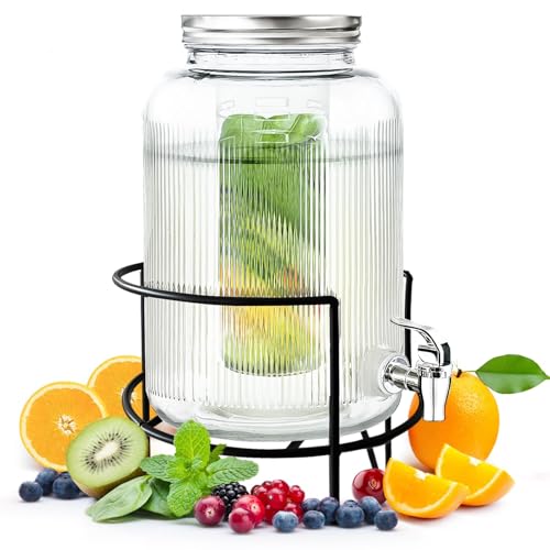 Getränkespender Glas Mit Zapfhahn: 4 Liter Retro Wasserspender Glas mit Ständer - Transparent limonadenspender Glasbehälter für Limonade Selbstgemachte Getränke frisches Obst und Kräuter (Silver) von YIBEBE
