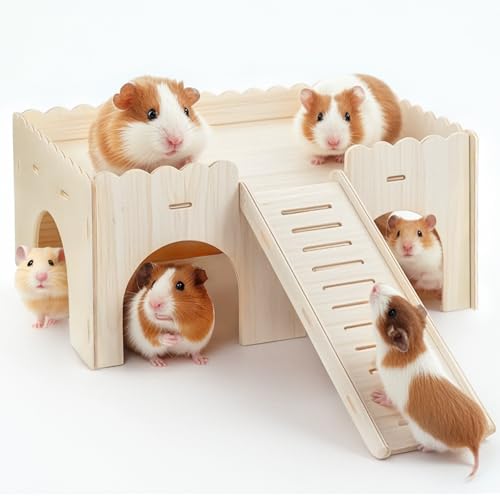 Groß Meerschweinchen Haus Mit Rampe: Meerschweinchen Spielzeug Zubehoer - Meerschweinchen Versteck Aus Holz für Kleine Haustiere Zwerghamster Rennmäuse Degus Stachelmäuse (Wood) von YIBEBE