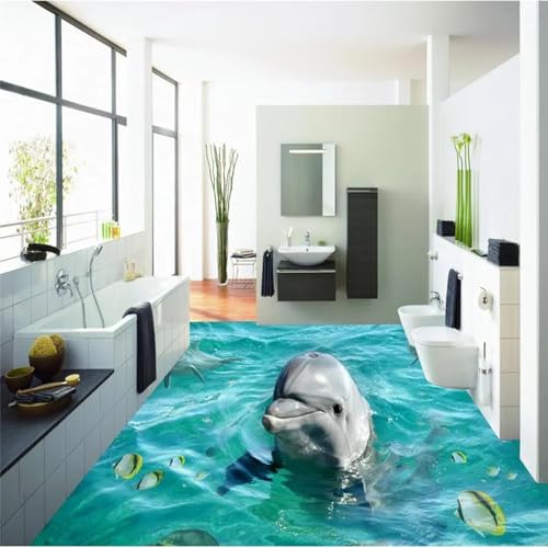 YIBUHANG Selbstklebende Bodenfliesen für den Innenbereich 3D Wandbilder dreidimensionale Delfine Ozean Wohnzimmer Badezimmer Wandkunst Tapeten Dekorationsaufkleber von YIBUHANG