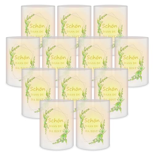 Windlicht Tischdeko Tischlicht Kommunion Taufe Deko 12 Stück Mit Schön Das Du Da Bist Und Eukalyptus Lichthülle Für Geburtstag Taufe Hochzeit Teelichter Led Kerzen von YICH