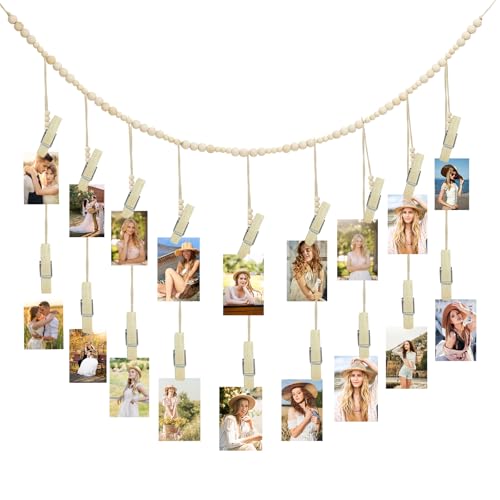 YICH Fotogirlande Boho Fotowand mit Klammern und Fotoseil Foto Girlande Fotos Aufhängen Ohne Bohren Fotovorhang zum Aufhängen mit 20 Clip 2 spurlosen Nägeln 2 Haken 1 Hanfseil von YICH