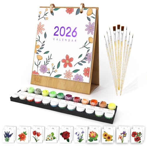 Tischkalender 2026, Malen Nach Zahlen Blume Kalender, Flip Stand Up Kalender Planer, Desktop Monatskalender, mit Acrylfarben und Pinseln für Zuhause Schule oder Büro(7.1in x 8.8in) von YICHEN