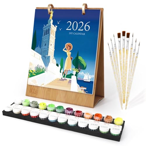 YICHEN Tischkalender 2026, Malen Nach Zahlen Blume Kalender, Flip Stand Up Kalender Planer, Desktop Monatskalender, mit Acrylfarben und Pinseln für Zuhause Schule oder Büro(7.1in x 8.8in) von YICHEN