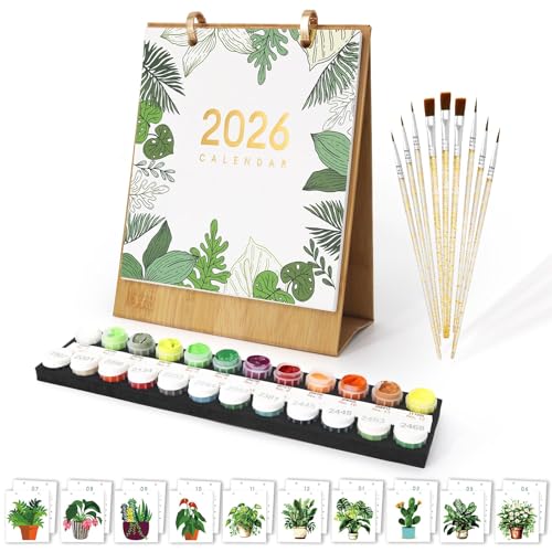 YICHEN Tischkalender 2026, Malen Nach Zahlen Blume Kalender, Flip Stand Up Kalender Planer, Desktop Monatskalender, mit Acrylfarben und Pinseln für Zuhause Schule oder Büro(7.1in x 8.8in) von YICHEN