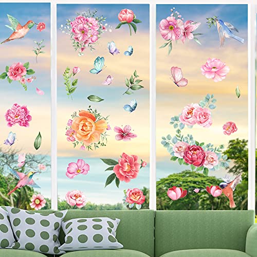 YICHEN 9 Blätter Fensterbilder Frühling, 79 Pcs Fenstersticker PVC Aufkleber, Wiederverwendbare Blumen Schmetterling Fensterfolie Fensterdeko Fensteraufkleber, Klebefolie Anti-Kollision Aufkleber von YICHEN
