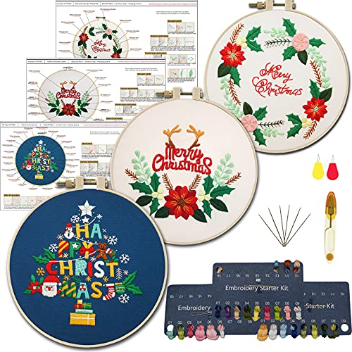 YICHEN Anfänger Stickerei Set Weihnachten Sticken Set Handmade Embroidery Starter Kit Stickerei Kreuzstich Set Einstellbare Cross Stitch Kit mit Stickrahmen, Stickgarn und Nadeln für DIY Kunst, Nähen von YICHEN