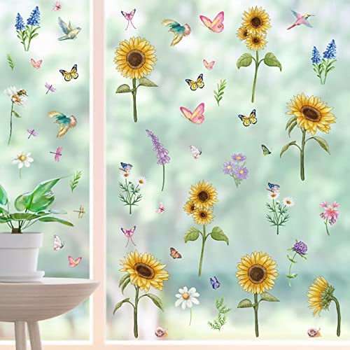 YICHEN Fensterbilder Sonnenblume Fenstersticker, 6 Blätter Fenstersticker PVC Aufkleber, Wiederverwendbare Fensterfolie Fensterdeko Fensteraufkleber für Kinderzimmer Wanddekoration von YICHEN