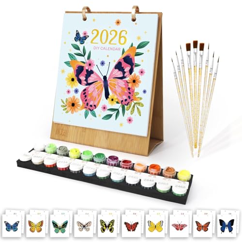 YICHEN Tischkalender 2026, Malen Nach Zahlen Blume Kalender, Flip Stand Up Kalender Planer, Desktop Monatskalender, mit Acrylfarben und Pinseln für Zuhause Schule oder Büro(7.1in x 8.8in) von YICHEN