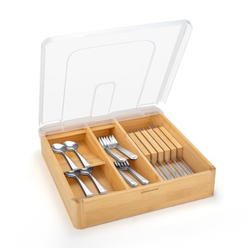 YICOCHI Besteck-Organizer mit Deckel, Bambus-Besteck-Organizer mit Etiketten, 5 Fächer, Besteck-Organizer mit Steakmesserblock von YICOCHI