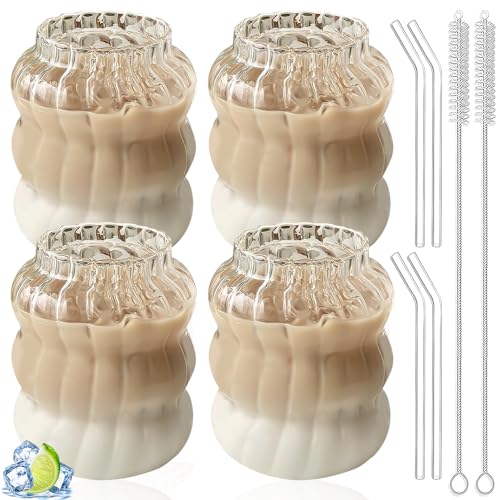 YIDM Kaffee Tassen Klare Glasbecher Iced 4 Stück Coffee Glass Tassen mit 4 Strohhalme+2 Strohbürsten, Welligkeit Trinkgläser, Dessertgläser Teeglas Ripple Kaffeebecher für Tee Milch Whisky(530ml) von YIDM
