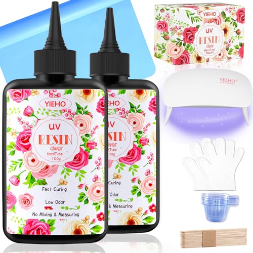 YIEHO UV Harz 200g Set mit UV Lampe, UV Resin Klar Kristallklares Transparent Hart UV Epoxidharz vorgemischt Kit mit Silikonpolster Starter Supplies für Schmuck Herstellung DIY Handwerk YIEHO UV Harz 200g Set mit UV Lampe, UV Resin Klar Kristallklares Transparent Hart UV Epoxidharz vorgemischt Kit mit Silikonpolster Starter Supplies für Schmuck Herstellung DIY Handwerk von YIEHO