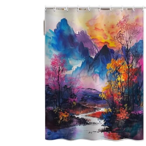 Duschvorhang 100x200 cm, Duschvorhang Bunt Anti-Schimmel Wasserdicht Shower Curtains mit Gewicht, Duschvorhänge Landschaftsölgemälde Waschbar Polyester Bad Vorhäng mit Duschvorhangringe (LB958) von YIFEIYANYFY