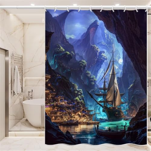 Duschvorhang 100x200 cm, Duschvorhang Felsen Anti-Schimmel Wasserdicht Shower Curtains mit Gewicht, Duschvorhänge Segelboot Waschbar Polyester Stoff Bad Vorhäng mit Duschvorhangringe (LB952) von YIFEIYANYFY