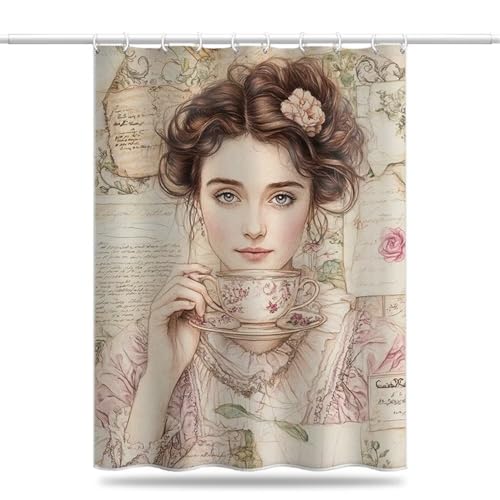 Duschvorhang 100x200 cm, Duschvorhang Retro Anti-Schimmel Wasserdicht Shower Curtains mit Gewicht, Duschvorhänge Prinzessin Waschbar Polyester Stoff Bad Vorhäng mit Duschvorhangringe (LB928) von YIFEIYANYFY