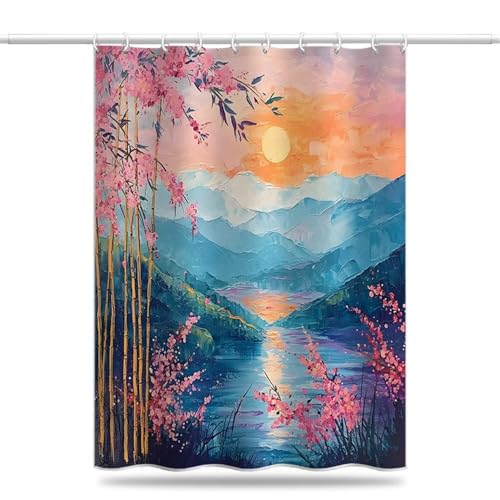 Duschvorhang 100x200 cm Berg und Fluss Textil, Antischimmel Duschvorhänge Natürliche Landschaft Shower Curtain Wasserdicht und Schnell Trocknend Duschvorhang mit Haken, Beschwerter Saum (LB951) von YIFEIYANYFY