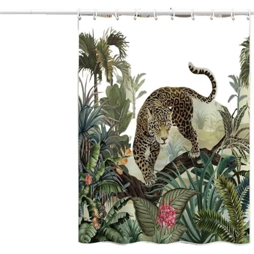 Duschvorhang 120x180 cm, Duschvorhang Dschungel Anti-Schimmel Wasserdicht Shower Curtains mit Gewicht, Duschvorhänge Leopard Waschbar Polyester Stoff Bad Vorhäng mit Duschvorhangringe (LB964) von YIFEIYANYFY