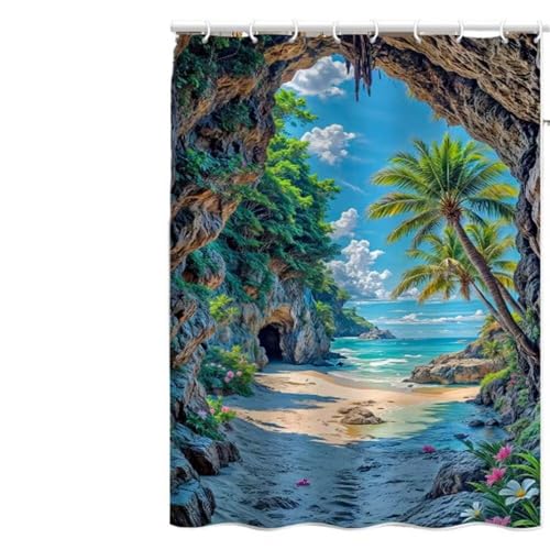 Duschvorhang 120x180 cm, Duschvorhang Höhlenstrand Anti-Schimmel Wasserdicht Shower Curtains mit Gewicht, Duschvorhänge Meereslandschaft Waschbar Polyester Stoff Bad Vorhäng mit Haken (LB942) von YIFEIYANYFY