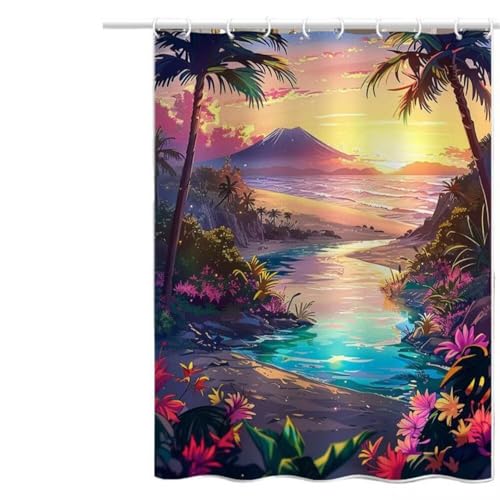 Duschvorhang 120x180 cm, Duschvorhang Naturlandschaft Anti-Schimmel Wasserdicht Shower Curtains mit Gewicht, Duschvorhänge Kokosnussbaumblüte Waschbar Polyester Stoff Bad Vorhäng mit Haken (LB956) von YIFEIYANYFY