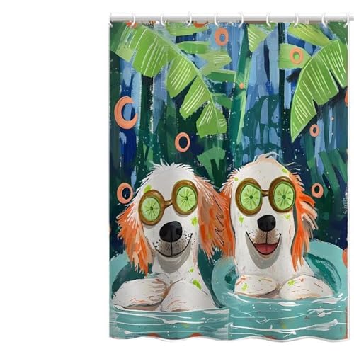 Duschvorhang 150x180 cm, Duschvorhang Badender Hund Anti-Schimmel Wasserdicht Shower Curtains mit Gewicht, Duschvorhänge Pflanze Waschbar Polyester Stoff Bad Vorhäng mit Duschvorhangringe (LB922) von YIFEIYANYFY