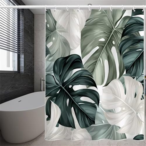 Duschvorhang 180x200 cm, Duschvorhang Monstera Anti-Schimmel Wasserdicht Shower Curtains mit Gewicht, Duschvorhänge Pflanzen Waschbar Polyester Stoff Bad Vorhäng mit Duschvorhangringe (LB950) von YIFEIYANYFY