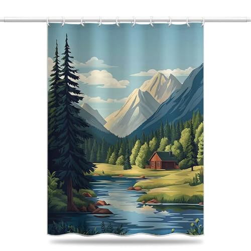 Duschvorhang 180x200 cm Fluss Schneebedeckte Berge Textil, Antischimmel Duschvorhänge Landschaft Shower Curtain Wasserdicht und Schnell Trocknend Duschvorhang mit Haken, Beschwerter Saum (LB931) von YIFEIYANYFY