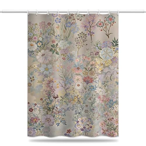 Duschvorhang 180x200 cm Ländlicher Stil Textil, Antischimmel Duschvorhänge aus Polyester Stoff, Blumen Shower Curtain Wasserdicht und Schnell Trocknend, Duschvorhang Badewanne mit Haken (LB943) von YIFEIYANYFY