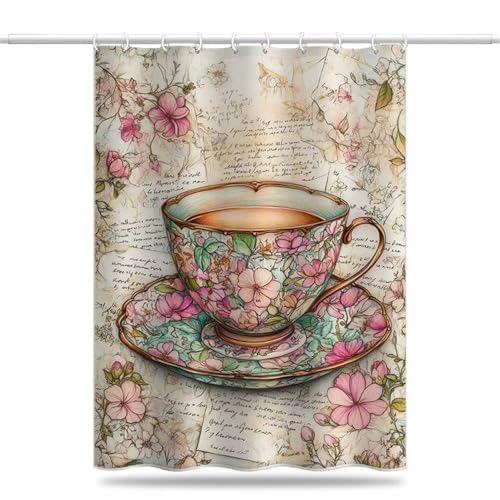 Duschvorhang 180x220 cm, Duschvorhang Kaffeetasse Anti-Schimmel Wasserdicht Shower Curtains mit Gewicht, Duschvorhänge Retro Waschbar Polyester Stoff Bad Vorhäng mit Duschvorhangringe (LB946) von YIFEIYANYFY