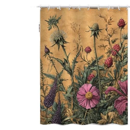 Duschvorhang 180x220 cm, Duschvorhang Retro Anti-Schimmel Wasserdicht Shower Curtains mit Gewicht, Duschvorhänge Pflanzen Blumen Waschbar Polyester Stoff Bad Vorhäng mit Duschvorhangringe (LB944) von YIFEIYANYFY