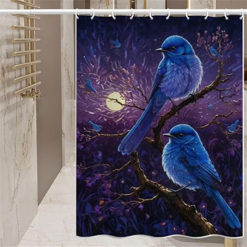 Duschvorhang 200x200 cm, Duschvorhang Blauer Vogel Anti-Schimmel Wasserdicht Shower Curtains mit Gewicht, Duschvorhänge Äste Waschbar Polyester Stoff Bad Vorhäng mit Duschvorhangringe (LB938) von YIFEIYANYFY