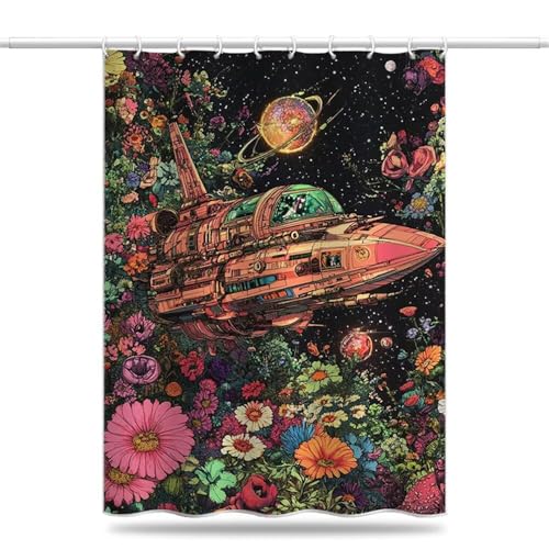 Duschvorhang 200x200 cm Blumenmuster Textil, Antischimmel Duschvorhänge Raumschiff Shower Curtain Wasserdicht und Schnell Trocknend, Duschvorhang Badewanne mit Haken, Beschwerter Saum (LB949) von YIFEIYANYFY