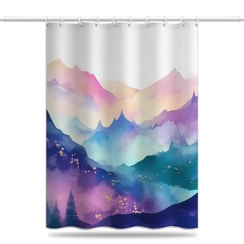 Duschvorhang 200x200 cm Bunt Textil, Antischimmel Duschvorhänge aus Polyester Stoff, Berg Shower Curtain Wasserdicht und Schnell Trocknend, Duschvorhang Badewanne mit Haken, Beschwerter Saum (LB927) von YIFEIYANYFY
