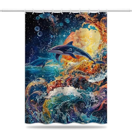 Duschvorhang 200x220 cm Delphin Antischimmel Duschvorhänge aus Polyester Stoff, Wellen Shower Curtain Wasserdicht und Schnell Trocknend, Duschvorhang Badewanne mit Haken, Beschwerter Saum (LB941) von YIFEIYANYFY