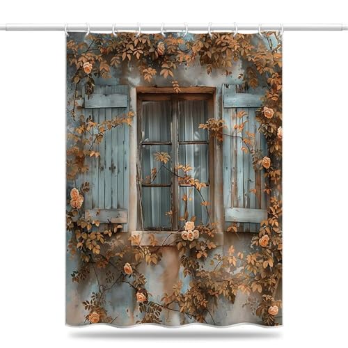 Duschvorhang 200x240 cm, Duschvorhang Retro Fensterbank Anti-Schimmel Wasserdicht Shower Curtains mit Gewicht, Duschvorhänge Blumenranken Waschbar Polyester Stoff Bad Vorhäng mit Haken (LB934) von YIFEIYANYFY