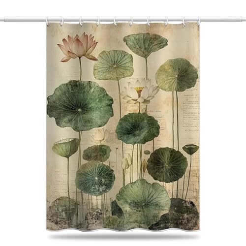 Duschvorhang 240x200 cm, Duschvorhang Retro Anti-Schimmel Wasserdicht Shower Curtains mit Gewicht, Duschvorhänge Lotusblätter Waschbar Polyester Stoff Bad Vorhäng mit Duschvorhangringe (LB960) von YIFEIYANYFY