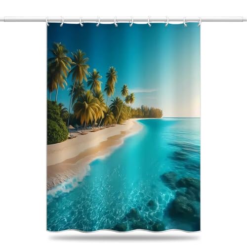 Duschvorhang 240x200 cm Blaues Meer Textil, Antischimmel Duschvorhänge aus Polyester Stoff, Kokospalme und Strand Shower Curtain Wasserdicht Duschvorhang Badewanne mit Haken, Beschwerter Saum (LB935) von YIFEIYANYFY
