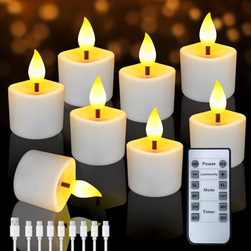 8 Stück Wiederaufladbar LED Teelichter, Flammenlose Flackernde Kerzen mit Fernbedienung, LED Kerzen Teelichter mit Timerfunktion, Wasserdicht Elektrische Kerzen für Halloween Weihnachten Zimmer Deko von YIFMOO