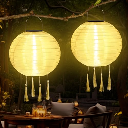 YIFMOO Solar Lampions, 2 Stück 25 CM Lampions Außen Wetterfest, Solar LED Wasserdicht Laterne mit 4 Quaste, Nylon Hängende Solarlampions für Gärten, Höfen, Balkonen, Hochzeit Dekoration (Warmweiß) von YIFMOO