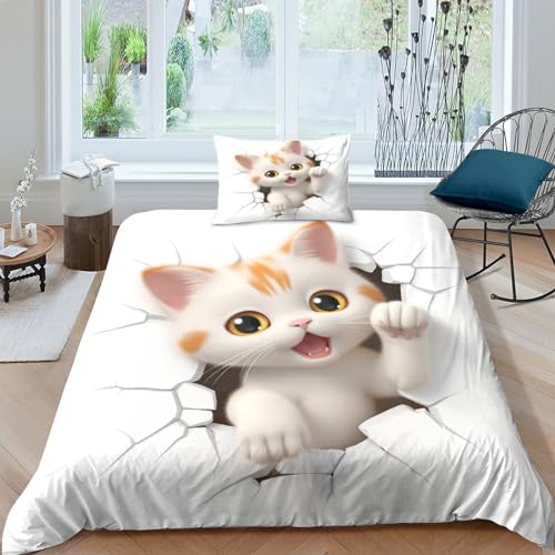 YIGEBAG Chat Mignon 3D Avec Literie De imprimé animalier Taie D'oreiller En Microfibre Douce Avec Taies D'oreiller Avec Fermeture Pour Enfants Jeunes Adultes Single（135x200cm） von YIGEBAG