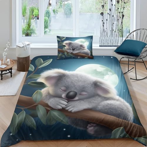 YIGEBAG Joli Koalas 3D Luxe Housse De imprimé animalier Couette Avec Taies D'oreiller Avec Housse De Couette Parure De Lit Pour Adultes Et Adolescents Taille Single（135x200cm） von YIGEBAG