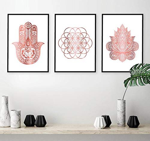 YIGUBIGU Yoga Kunstdruck Roségold Wandkunst Blume des Lebens Poster Hamsa Leinwand Malerei Wandmalerei Dekoration Bild Modernes Raumdekor 3 Stück 50x70cm ohne Rahmen von YIGUBIGU