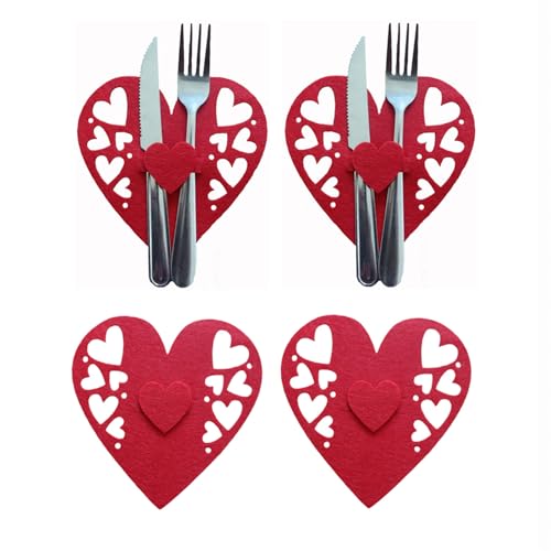 4 Stück Vlies Bestecktasche Tasche Valentinstag Herz Gabel Löffelhalter Küche Geschirr Organizer Tischdekoration Wasserdicht Und Leicht Zu Reinigen von YIGZYCN