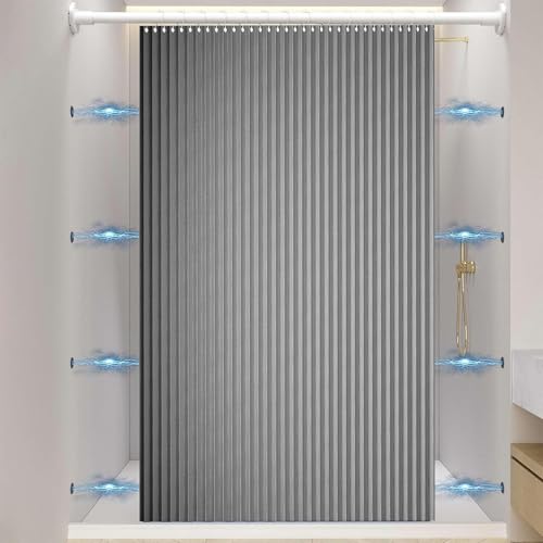 Wasserdicht Faltbarer Hochleistungs Duschvorhang mit Haken, Magnetstreifen Spritzwassergeschützt, Schimmelresistent Leinen Duschvorhang fürs Badezimmer(W220 × H180cm,Gray) von YIHANGG
