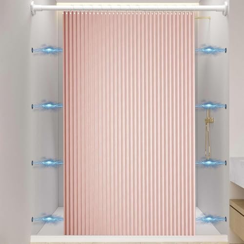 Wasserdicht Faltbarer Hochleistungs Duschvorhang mit Haken, Magnetstreifen Spritzwassergeschützt, Schimmelresistent Leinen Duschvorhang fürs Badezimmer(W240 × H180cm,Pink) von YIHANGG