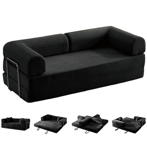 YIHANGG Kompressions Klappsofa Schlafsofa Umbaubar Cordsofa Bodenbett 4-in-1 DIY Kombinationssofa mit Armlehne Kleine Räume Gästebett(2.2m,Black) von YIHANGG