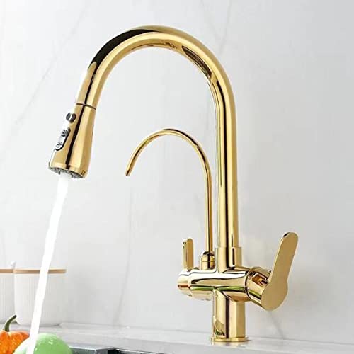 3-Wege-Küche mit Ausziehen von Spray, Küchenarmatur drehbarer Messing-Trinkwasser Waschbecken Wasserhahn 3 in 1 Küchenspüle Tap-Gold (antik) von YIHANSS
