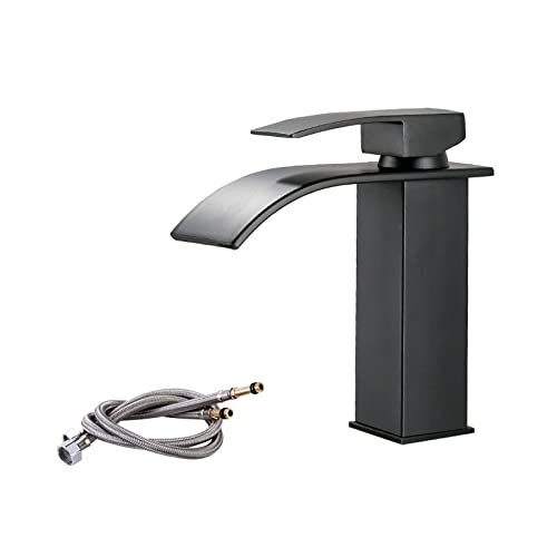 Badezimmer Wasserhahn Wasserfall Mattschwarze ein Loch-Waschbecken Wasserhahnmixer Tippen Sie auf Hochgänge-Black-A: 17.2x6x18,3 cm (Farbe: Schwarz, Größe: B: 17,2x6x30cm) von YIHANSS