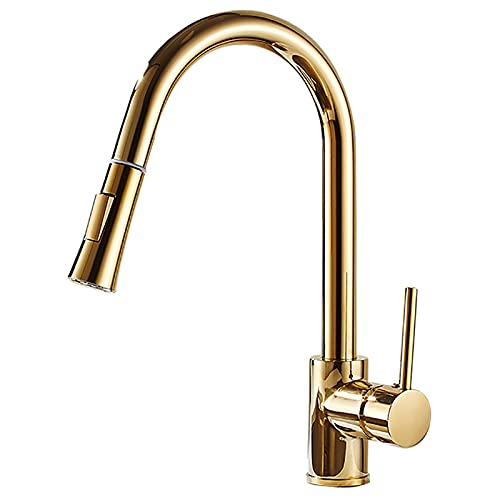 Gold Pull Down Küche 360 ° Drehes Messing Küchenspüle Wasserhahn mit Auszug aus Dual -Funktion Sprühgerät, Hochbogen Eingriff Küchenhahn, heißer und kalter Wassermixer Hahn von YIHANSS