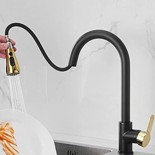 YIHANSS Küchenarmaturen mit Pulldown -Sprühgerät rotierend teleskopisch heißes und kaltes Wasser Messing Down Kitchen Wasserhahn schwarzes Gold von YIHANSS