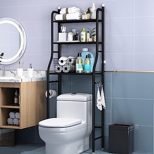 YIHANSS Über dem Toilettenlagerständer - 3 -stufiges Metallregal mit Toilettenpapierhalter und Haken | Raumsparende Badezimmer Organizer - freistehende Aufbewahrungseinheit von YIHANSS