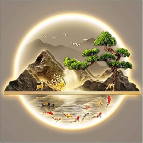 YIHANSS XinWeibm Wandkunstdekor, 3D -Wandskulpturen Malerei Hängende Wandkunst mit LED -Licht, dekorative Wandlampe, orientalisches Dekor Traditionelle chinesische Wandhänge, 84 * 70 cm von YIHANSS